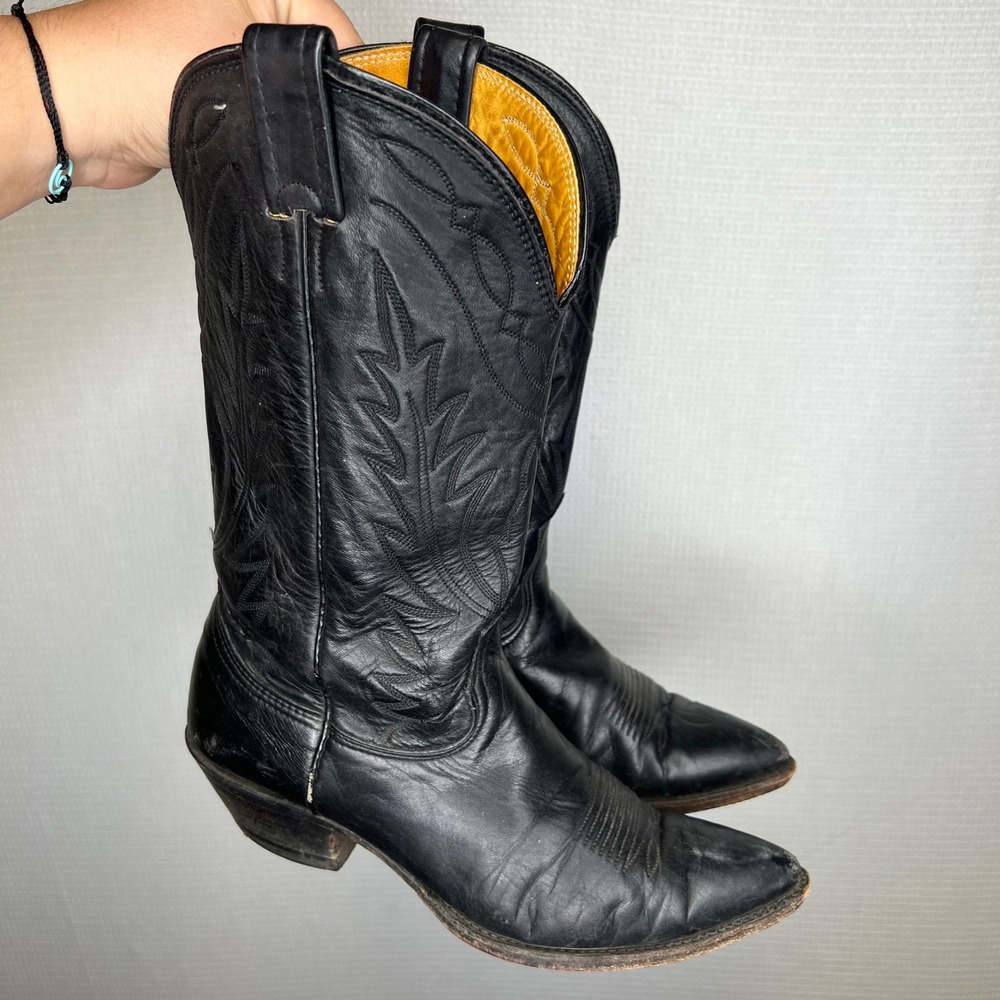 Nocona Boots Black Leather Western Cowboy Boots Pointed Toe Made in USA 7 C